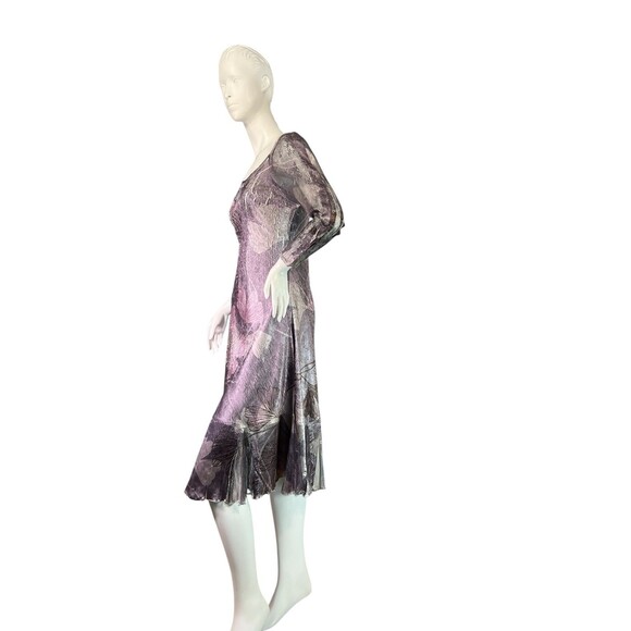 Komarov Dress Gray Silver Mauve Ginko Leaf Print Pleated Hem, Lace Detail $468 M - Picture 6 of 13